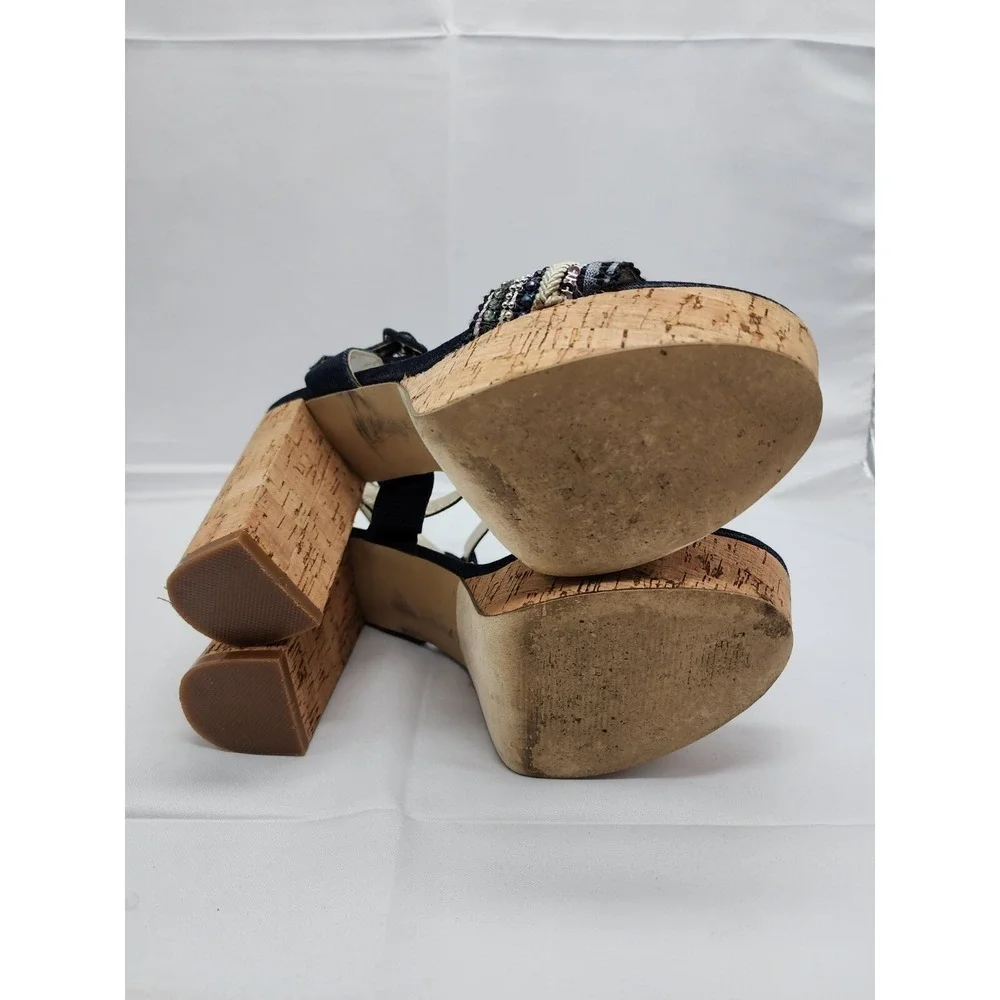 Nine West Womens Platform Sandal Block Heel Denim Open Toe Black Beige Size 8.5